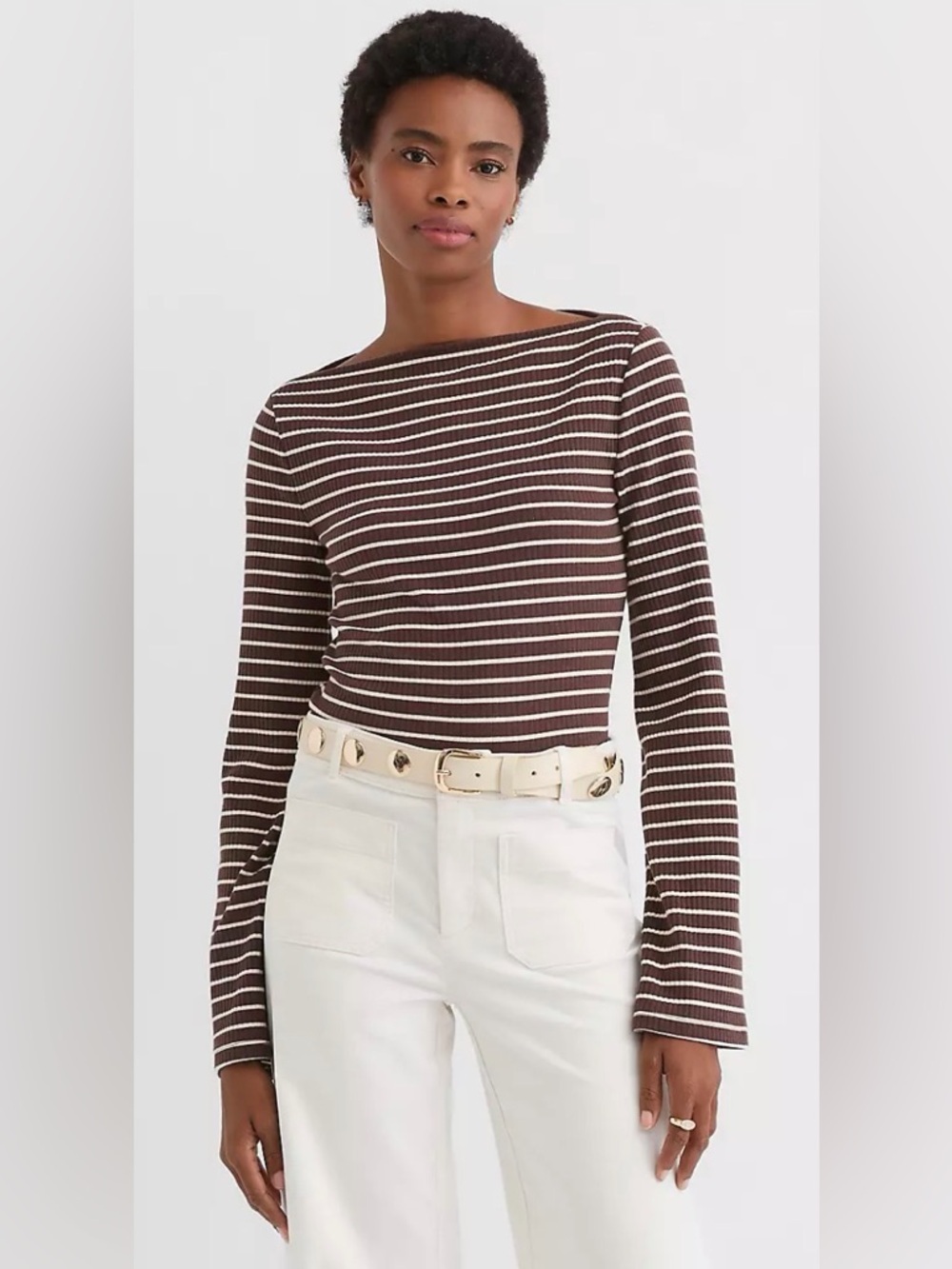 Loft Stripe Ribbed Flare Sleeve Boatneck Top in Roasted Walnut Color Size M